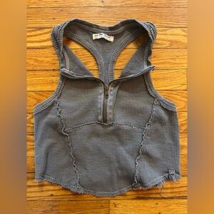 Free People We The Free Charcoal Ribbed Zip-Front Racerback Crop Tank